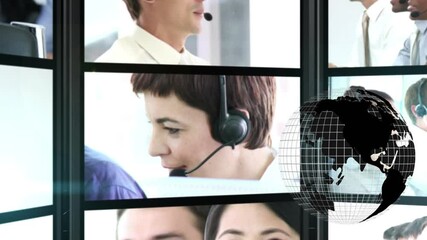 Poster - Animation of globe over business people wearing headsets