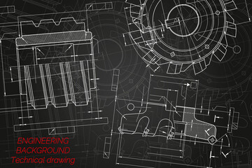 Mechanical engineering drawings on black background. Cutting tools, milling cutter. Technical Design. Cover. Blueprint. Vector illustration.