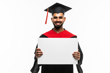 Wall Mural - Graduate Man Holding Placard On gray Background