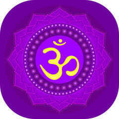 The seventh chakra Sahasrara. The crown or highest chakra with Hindu Sanskrit. Purple is a flat symbol of meditation, yoga. illustration