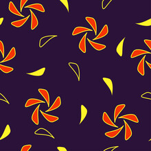 Seamless Flower Pattern Of Orange And Yellow Petals On Dark Violet.
Vector Repeating Flower Background. Floral Pattern.
