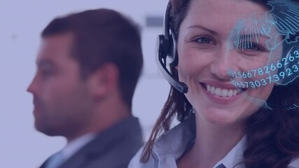 Poster - Animation of globe over business people using phone headsets