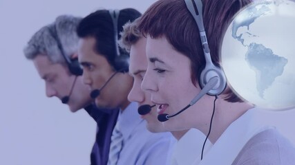Poster - Animation of globe over business people using phone headsets
