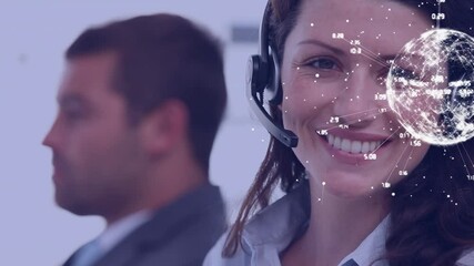 Sticker - Animation of globe over business people using phone headsets