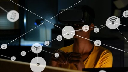 Poster - Animation of networks of connections and businesswoman wearing phone vr headset