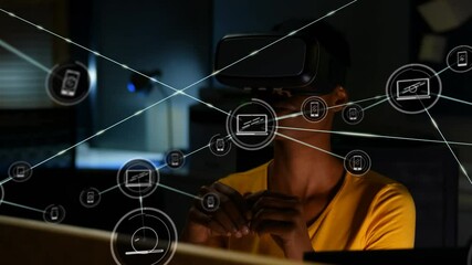 Poster - Animation of networks of connections and businesswoman wearing phone vr headset