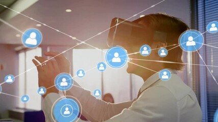 Poster - Animation of networks of connections and businessman wearing phone vr headset
