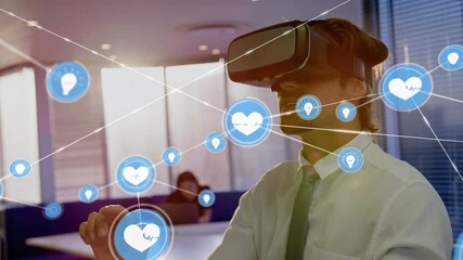 Poster - Animation of networks of connections and businessman wearing phone vr headset
