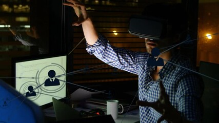 Poster - Animation of networks of connections and businessman wearing phone vr headset