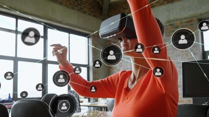 Poster - Animation of networks of connections and businesswoman wearing phone vr headset