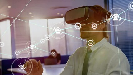 Poster - Animation of networks of connections and businessman wearing phone vr headset