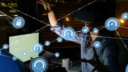 Poster - Animation of networks of connections and businessman wearing phone vr headset