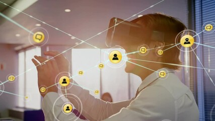Poster - Animation of networks of connections and businessman wearing phone vr headset