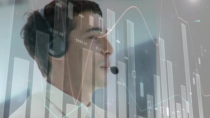 Sticker - Animation of financial and statistic data processing over businessman wearing phone headset