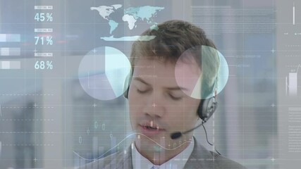 Poster - Animation of financial and statistic data processing over businessman wearing phone headset