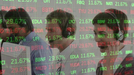 Poster - Animation of financial and statistic data processing over businessman wearing phone headset