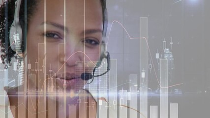 Poster - Animation of financial and statistic data processing over businesswoman wearing phone headset