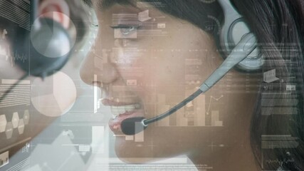 Poster - Animation of financial and statistic data processing over businesswoman wearing phone headset