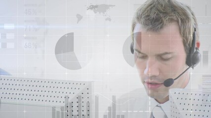 Poster - Animation of financial and statistic data processing over businessman wearing phone headset
