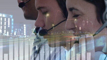 Poster - Animation of financial and statistic data processing over business people wearing phone headsets