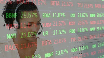 Poster - Animation of financial and statistic data processing over businesswoman wearing phone headset