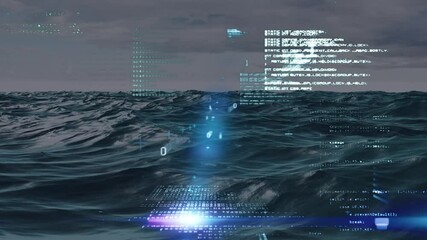 Animation of binary coding and data processing over sea