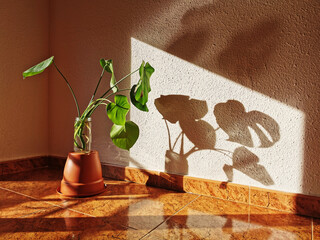 Sticker - Green Monstera tropical leaves with sunlight in the empty room