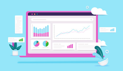 Poster - Laptop with data analytics software - Computer screen with graphs and charts on blue background. Internet analysing concept, vector illustration
