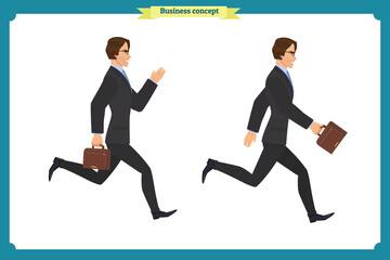 Wall Mural - Collection set of Walking and running businessman. Walk, run, active. Variety of movements. Flat Character man cartoon style, Side view,Vector design isolated vector. Business people