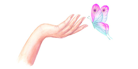 Watercolor beautiful woman's hand with colorful butterfly isolated on white background