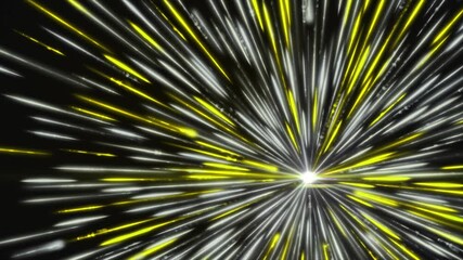 Poster - Round shaped figure in endless motion isolated on black background, seamless loop. Animation. Short yellow and white segments flying into all the sides.