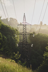 Canvas Print - Vertical shot of electric power lines with insulators on a hill