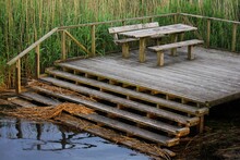 Wooden Bench And Steps Surrounded By Rush Next To A Stream