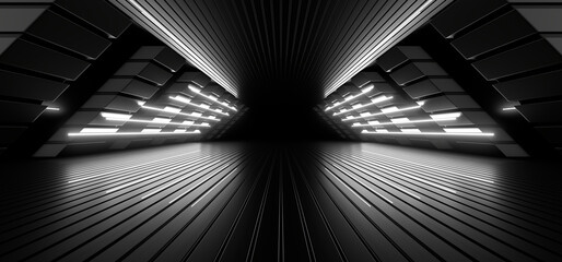 Wall Mural - A dark tunnel lit by white neon lights. Reflections on the floor and walls. 3d rendering image.