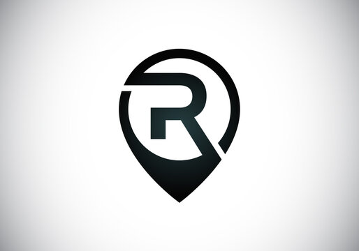 Initial R monogram letter alphabet with location icon pin sign. Font emblem. Navigation map, GPS, direction, place, compass, contact, search concept. 