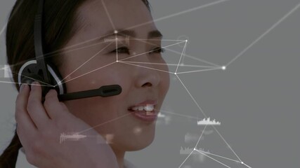 Poster - Animation of network of connections over businesswoman wearing phone headset