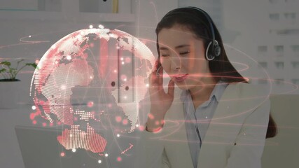 Poster - Animation of globe and connections over businesswoman wearing phone headsets