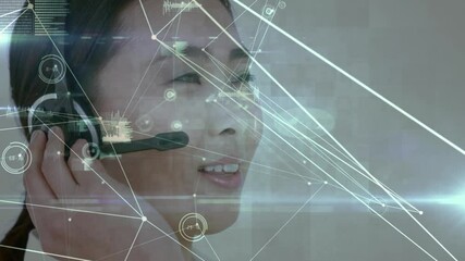 Poster - Animation of network of connections over businesswoman wearing phone headset