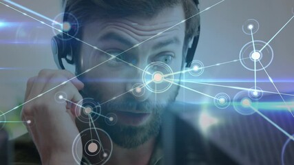 Poster - Animation of network of connections over businessman wearing phone headset