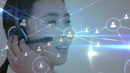 Poster - Animation of networks of connections with icons over businesswoman wearing phone headset