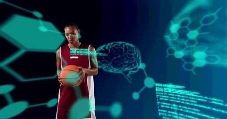 Sticker - Animation of digital brains and data processing over female basketball player holding ball