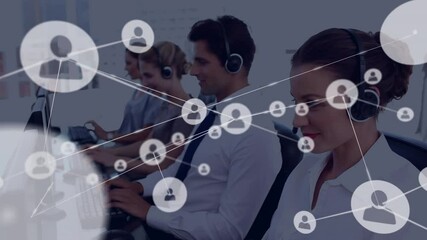 Poster - Animation of network of connection with icons over business people wearing phone headsets