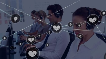 Poster - Animation of network of connection with icons over business people wearing phone headsets