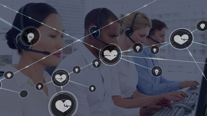 Sticker - Animation of network of connection with icons over business people wearing phone headsets