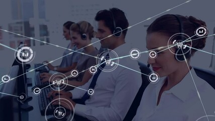 Poster - Animation of network of connection with icons over business people wearing phone headsets