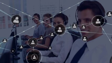 Poster - Animation of network of connection with icons over business people wearing phone headsets