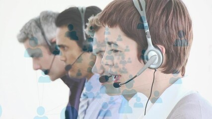 Poster - Animation of network of connection with icons over business people wearing phone headsets