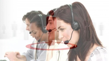 Sticker - Animation of network of connection with icons over business people wearing phone headsets