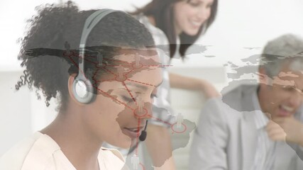 Poster - Animation of network of connection with icons over business people wearing phone headsets