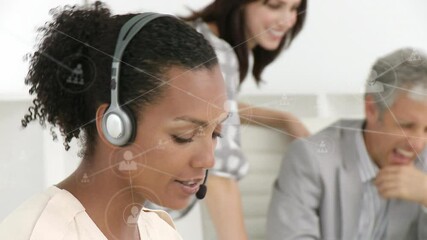 Poster - Animation of network of connection with icons over business people wearing phone headsets